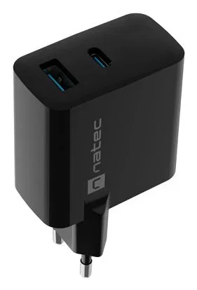 Natec NUC-2143 Cargador Rápido GaN 45W con Power Delivery 3.0 y Quick Charge 3.0 - 2 Puertos (1x USB-C + 1x USB-A) para Móvil, Negro