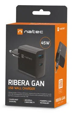 Natec NUC-2143 Cargador Rápido GaN 45W con Power Delivery 3.0 y Quick Charge 3.0 - 2 Puertos (1x USB-C + 1x USB-A) para Móvil, Negro