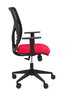 Silla de oficina Motilla con mecanismo Sincro tapizada con Tela color Rojo y malla color Negro. Equipada con lumbar 1D, Brazos 1D y Ruedas 65mm nailon