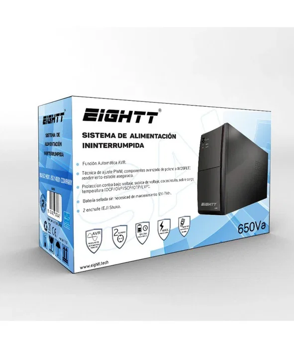 Eightt ES650 - SAI UPS Standby (Offline) 650VA / 0.65 kVA con AVR - Forma de onda senoidal - Entrada 110-240V 50/60Hz - Torre Mini Negra