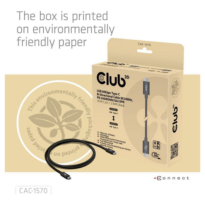 Club 3D Cable USB-C 80Gbps Certificado PD 240W/8K 240Hz 1.2 Metros Acero Inoxidable