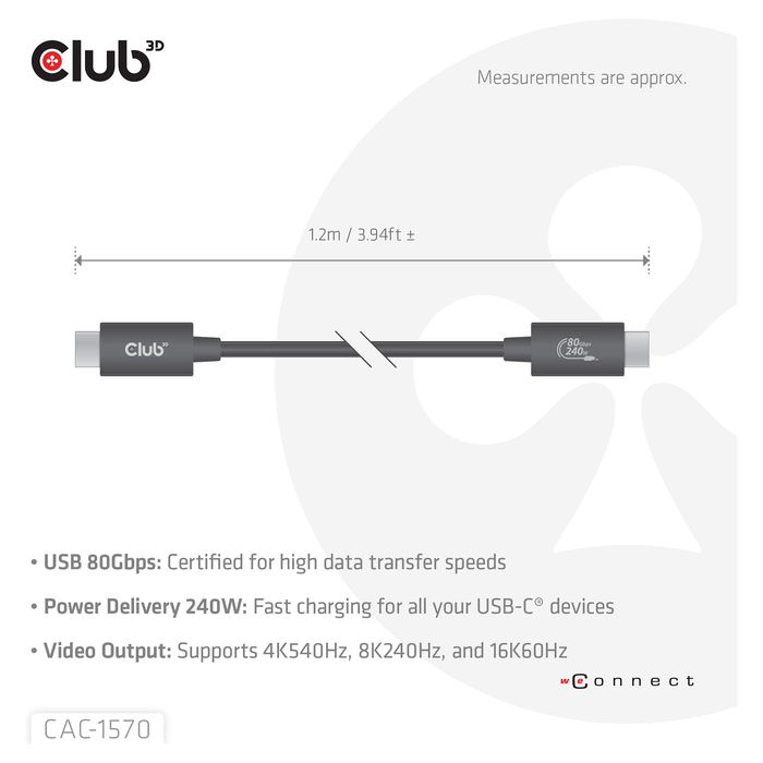 Club 3D Cable USB-C 80Gbps Certificado PD 240W/8K 240Hz 1.2 Metros Acero Inoxidable