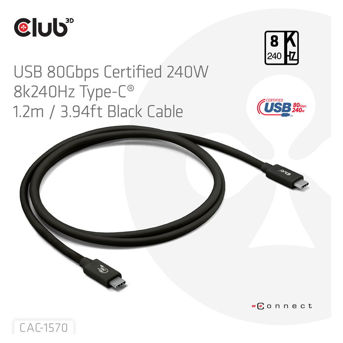 Club 3D Cable USB-C 80Gbps Certificado PD 240W/8K 240Hz 1.2 Metros Acero Inoxidable