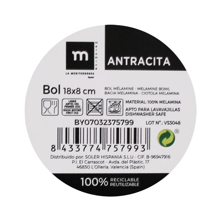 La Mediterranea Bol Melamina Antracita 18 cm x 8 cm (24 Unidades)