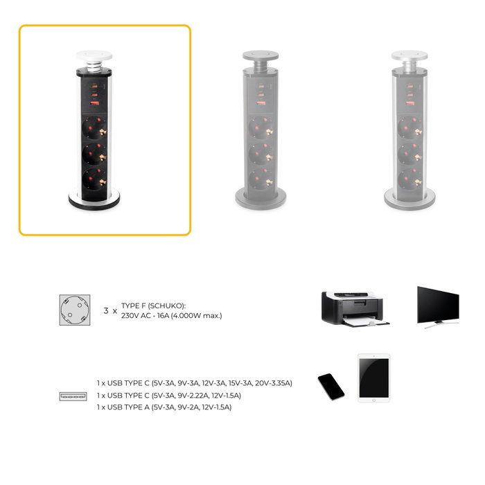 Emuca Multiconector Vertikal con 3 enchufes Schuko, 1 USB A y 2 USB C, Blanco Emuca Multiconector Vertikal con 3 enchufes Schuko, 1 USB A y 2 USB C, Blanco