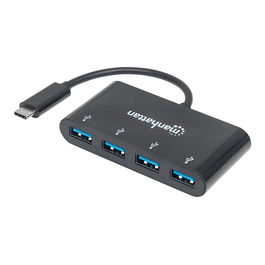 MANHATTAN USB-C Hub 4 Puertos USB 3.1 Gen 1, Modelo HB30C4AB, Negro, Transferencia 5 Gbps, Alimentado por Puerto USB, Cable de 0.2 m