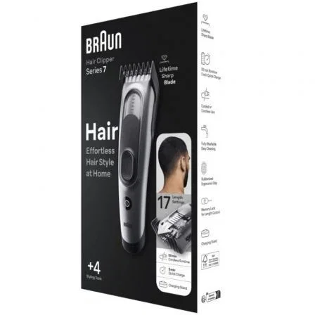 Braun Series 7 HC7390 Cortapelos / Recortadora de Cabello para Hombres, Inalámbrica, 17 Longitudes, Cuchillas Lifetime Sharp, Batería de 50 Min, con 2 Peines y Funda