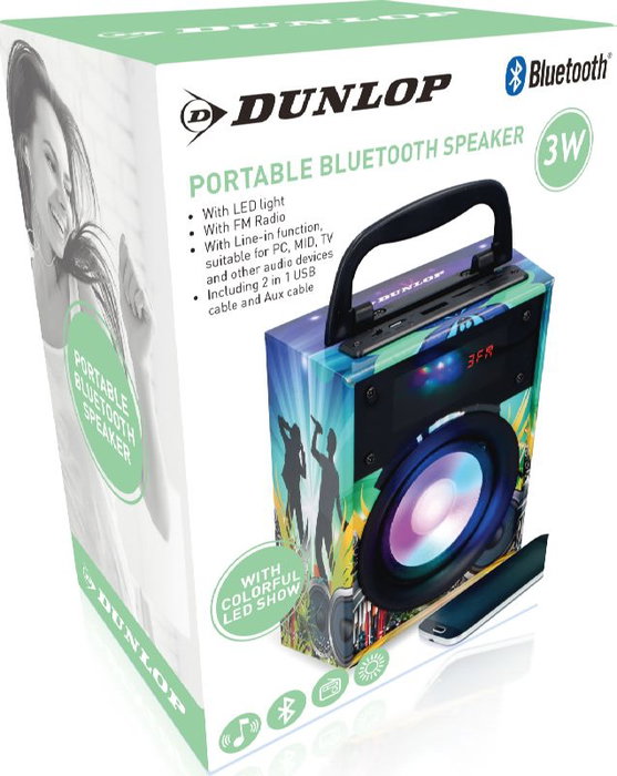 DUNLOP Altavoz Bluetooth de 3W con Luz LED y Radio FM, Mini Altavoz Portátil Inalámbrico