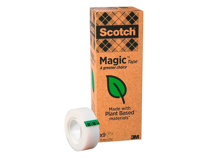 Scotch Cinta Adhesiva Magic Invisible Eco, 33 m x 19 mm, 100% Reciclado, Invisible para Embalar, Pack de 9 Unidades