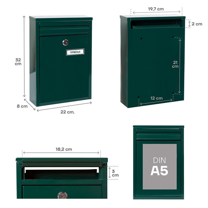 Arregui Buzón Zagúan individual exterior en acero verde tamaño S (A5) para recoger cartas, con apertura posterior y vertical, tarjetero y llaves, 22 x 8 x62 cm