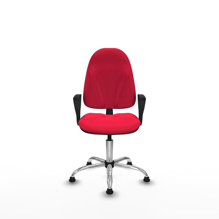 Silla de oficina Algarra con mecanismo Contacto permanente básico tapizada con Tela color Rojo. Equipada con Base cromada, Brazos fijosy Topes