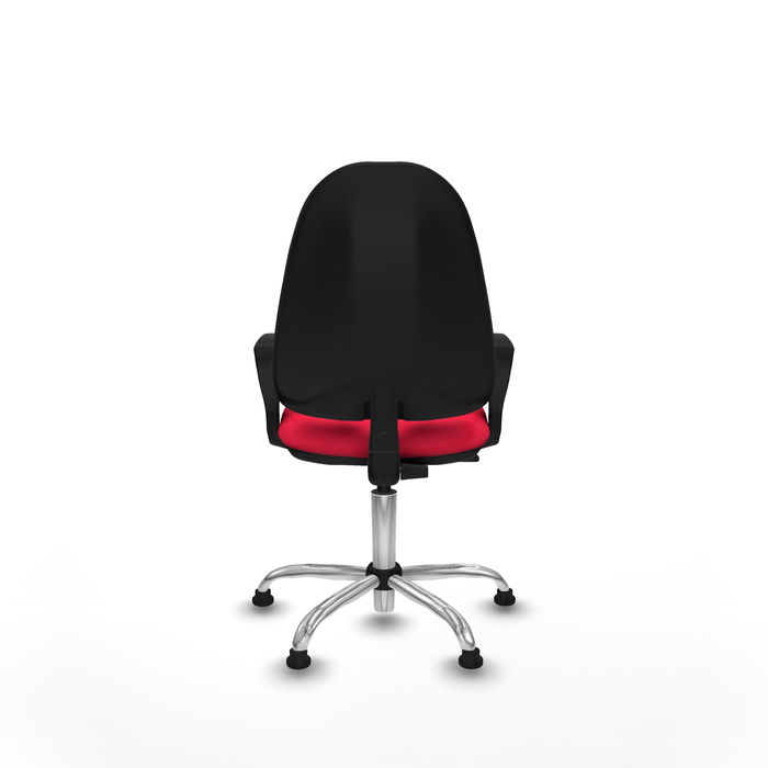 Silla de oficina Algarra con mecanismo Contacto permanente básico tapizada con Tela color Rojo. Equipada con Base cromada, Brazos fijosy Topes