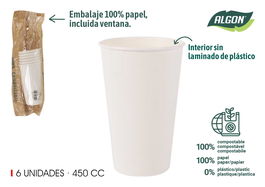 Algon Set 6 Vasos de Cartón Blanco 450 cc (Ancho 9 cm x Alto 13.5 cm x Largo 9 cm) (16 Unidades)