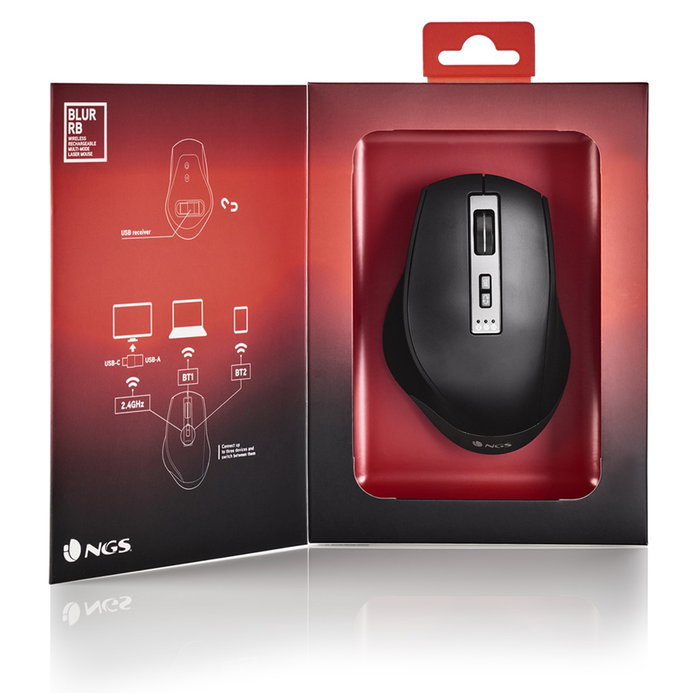 NGS Blur-Rb Ratón Inalámbrico Multidispositivo Bluetooth Recargable Láser 2.4GHz USB-A/USB-C, BT4.0, DPI Ajustable 800/1600/3200, 6 Botones, Ergonómico Diestro, Plug and Play
