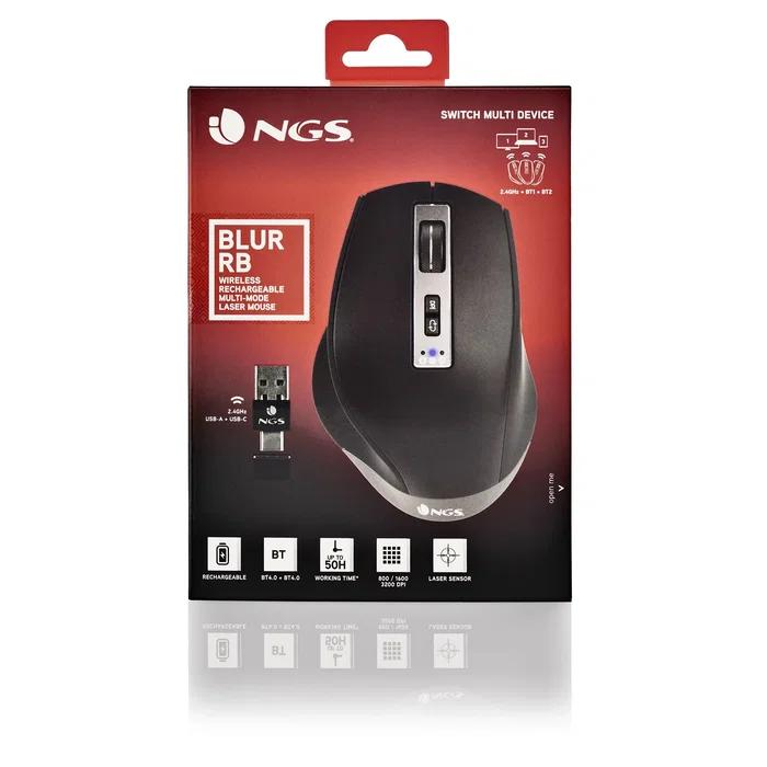 NGS Ratón Inalámbrico Recargable Bluetooth 5.0/3.0 + 2.4GHz Multidispositivo BLUR-RB - Sensor Láser 3200 DPI Ajustable, Ergonómico para Diestros, Negro