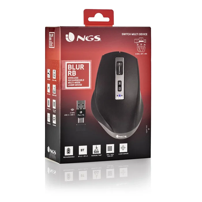 NGS Ratón Inalámbrico Recargable Bluetooth 5.0/3.0 + 2.4GHz Multidispositivo BLUR-RB - Sensor Láser 3200 DPI Ajustable, Ergonómico para Diestros, Negro