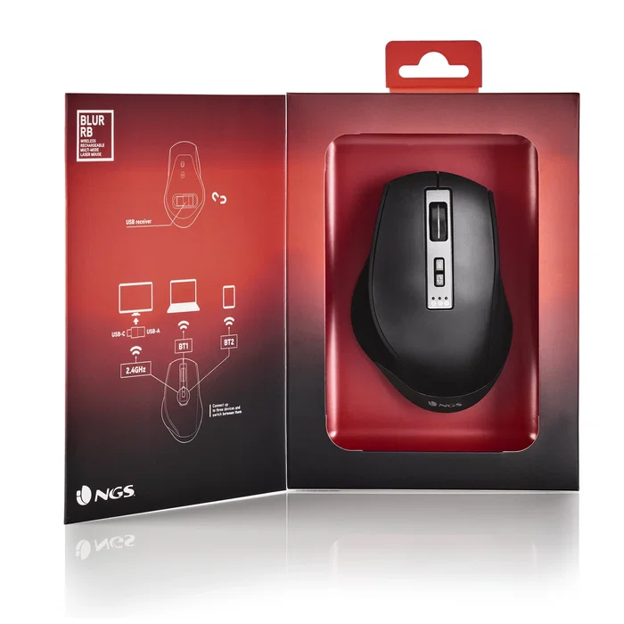 NGS Ratón Inalámbrico Recargable Bluetooth 5.0/3.0 + 2.4GHz Multidispositivo BLUR-RB - Sensor Láser 3200 DPI Ajustable, Ergonómico para Diestros, Negro