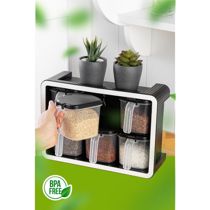 Hermia BNM-9172 Juego de Tarros de Especias Antracita 7 Piezas Organizador Cocina 550ml Plástico Libre BPA