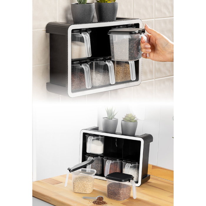 Hermia BNM-9172 Juego de Tarros de Especias Antracita 7 Piezas Organizador Cocina 550ml Plástico Libre BPA