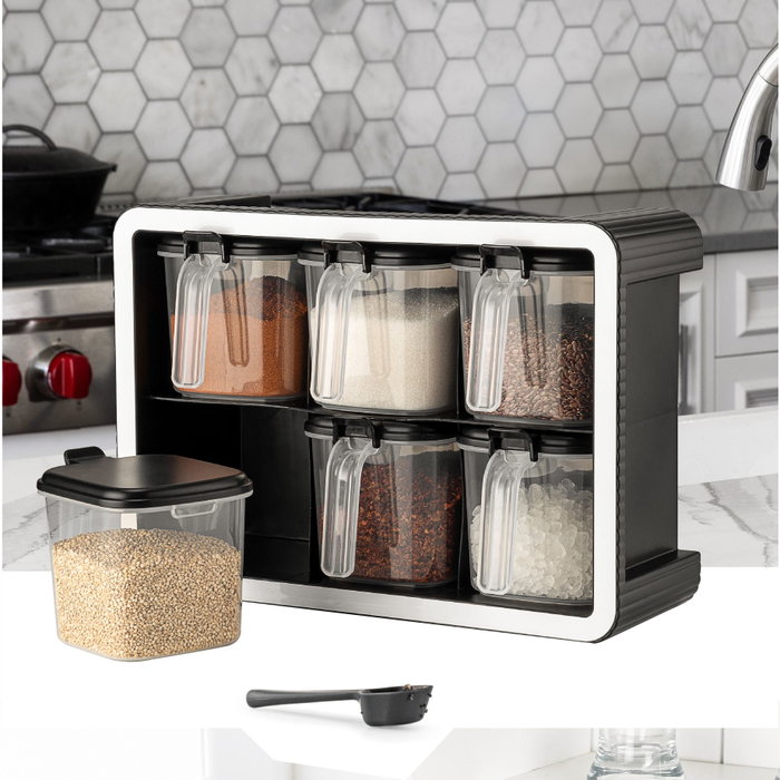 Hermia BNM-9172 Juego de Tarros de Especias Antracita 7 Piezas Organizador Cocina 550ml Plástico Libre BPA