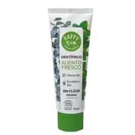 HAPPY BIO Dentifrico Aliento Fresco Menta Sin Fluor 75ml Eco - Cuidado bucal con menta y aloe vera, apto para veganos y sin gluten.