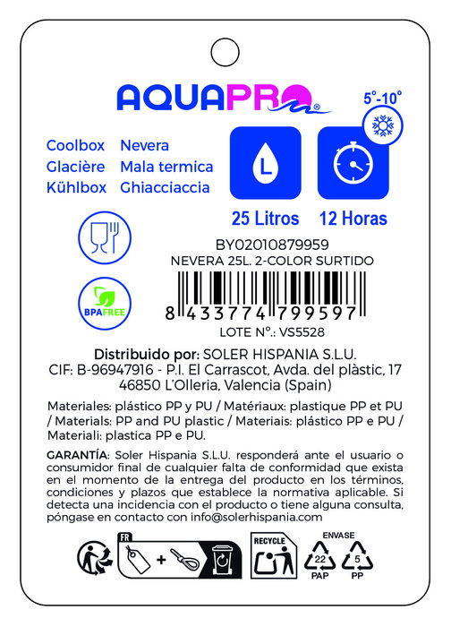 Inde Nevera Aquapro 25 Litros 25L, Surtido de 2 Colores, Dimensiones 28 x 37.2 x 35.5 cm (2 Unidades)