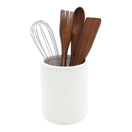 Andrea House Bote de cerámica blanco con utensilios de madera de acacia, 5 piezas