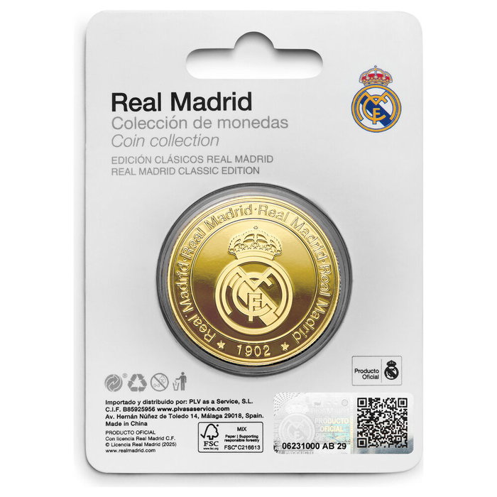 Real Madrid - Moneda Conmemorativa Bernabéu Dorada en Zamak con Acabado en Relieve para Colección - Incluye Cápsula Acrílica y Caja