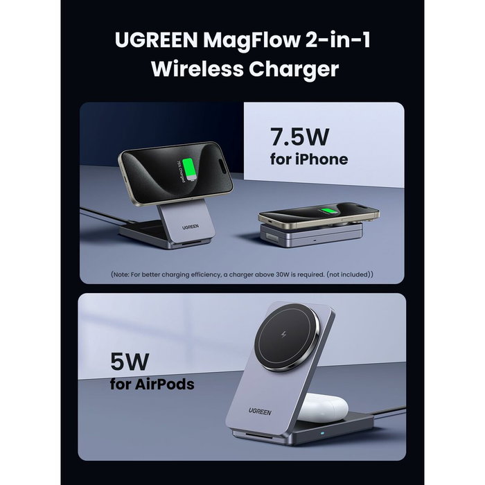Ugreen W528 Cargador Inalámbrico 2 en 1 para iPhone y AirPods, Gris
