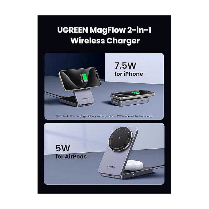 Ugreen W528 Cargador Inalámbrico 2 en 1 para iPhone y AirPods, Gris