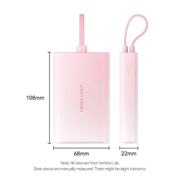 Vention FHZP0 Power Bank 10000 mAh 22.5W Carga Rápida 3 en 1 con Cable USB-C, Lightning y USB-A, Compacto Aprobado para Avión, Color Rosa