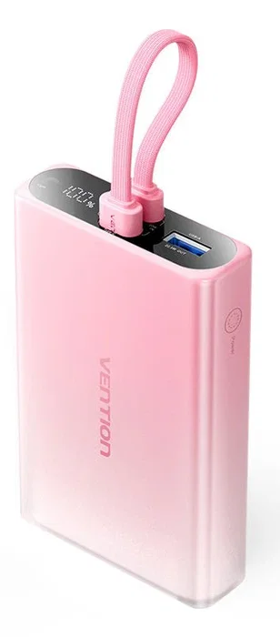 Vention FHZP0 Power Bank 10000 mAh 22.5W Carga Rápida 3 en 1 con Cable USB-C, Lightning y USB-A, Compacto Aprobado para Avión, Color Rosa