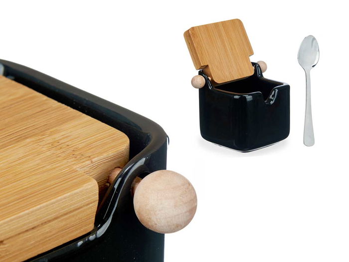 Vessia Azucarero de Cerámica Negro con Tapa de Bambú, 10.8 x 7.5 x 8 cm, 190 ml (Set de 6)