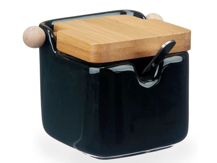 Vessia Azucarero de Cerámica Negro con Tapa de Bambú, 10.8 x 7.5 x 8 cm, 190 ml (Set de 6)
