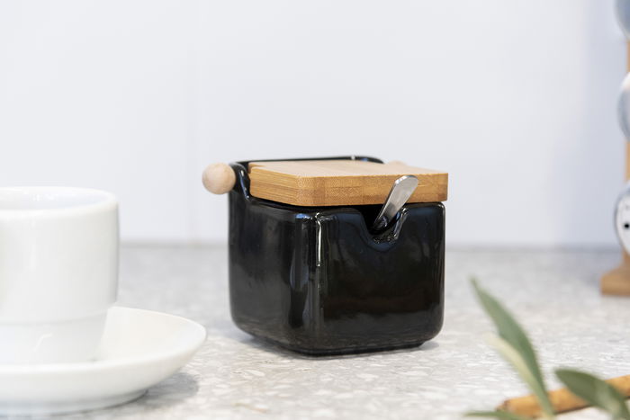 Vessia Azucarero de Cerámica Negro con Tapa de Bambú, 10.8 x 7.5 x 8 cm, 190 ml (Set de 6)