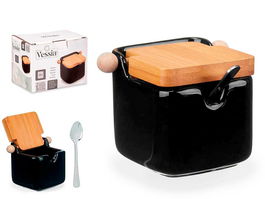 Vessia Azucarero de Cerámica Negro con Tapa de Bambú, 10.8 x 7.5 x 8 cm, 190 ml (Set de 6)