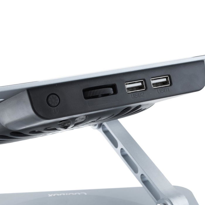 Coolbox Soporte Base Refrigeración Portátil Coolair 1VRGB Ajustable 360° con Ventilador RGB, Doble USB, para Portátiles hasta 17", Hub Integrado, Refrigeración Regulable Coolbox Soporte Base Refrigeración Portátil Coolair 1VRGB Ajustable 360° con Ventilador RGB, Doble USB, para Portátiles hasta 17", Hub Integrado, Refrigeración Regulable