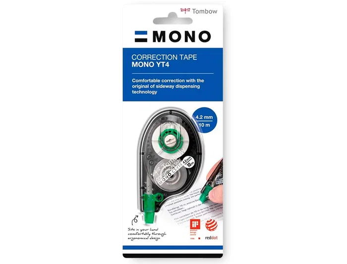 Tombow CT-YT4 Cinta Correctora Mono, 4.2 mm x 10 m, Cinta PET Resistente al Desgarro, Plástico Reciclado, Corrección Lateral Cómoda