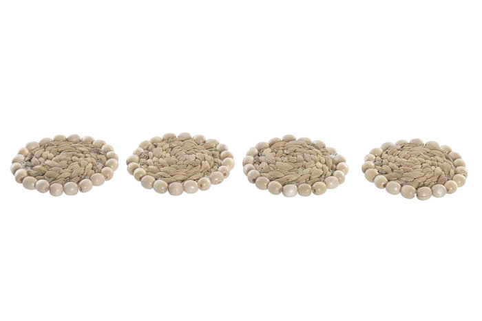 DKD Home Decor Set de 4 Posavasos de Jacinto de Agua y Madera Natural 11x11x2 cm