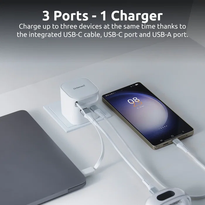 Intenso W65ACIC Cargador de Pared 65W GaN Blanco con Cable USB-C Retráctil Intenso W65ACIC Cargador de Pared 65W GaN Blanco con Cable USB-C Retráctil