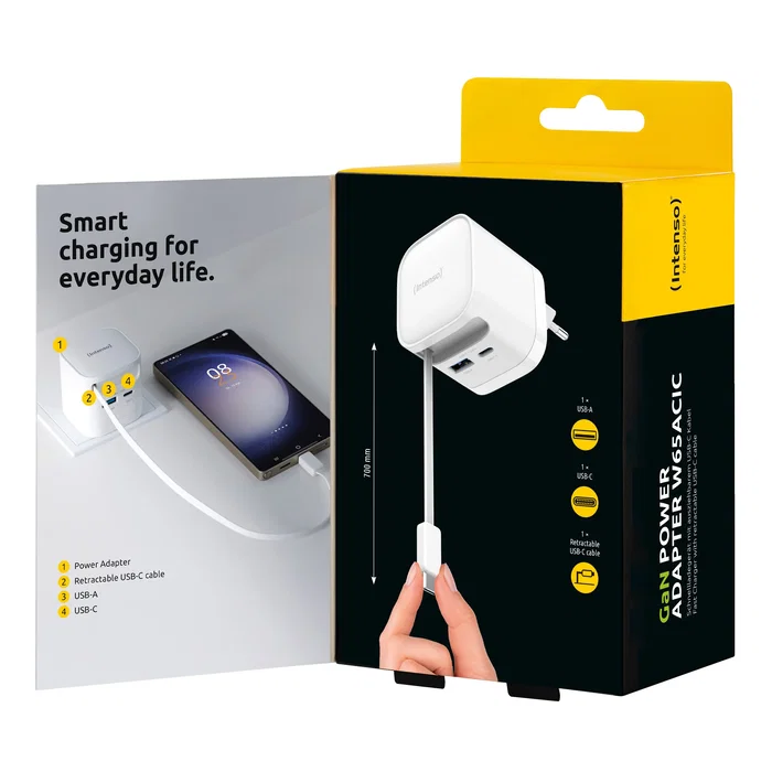 Intenso W65ACIC Cargador de Pared 65W GaN Blanco con Cable USB-C Retráctil Intenso W65ACIC Cargador de Pared 65W GaN Blanco con Cable USB-C Retráctil