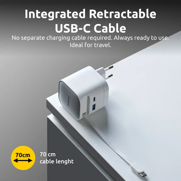 Intenso W65ACIC Cargador de Pared 65W GaN Blanco con Cable USB-C Retráctil Intenso W65ACIC Cargador de Pared 65W GaN Blanco con Cable USB-C Retráctil