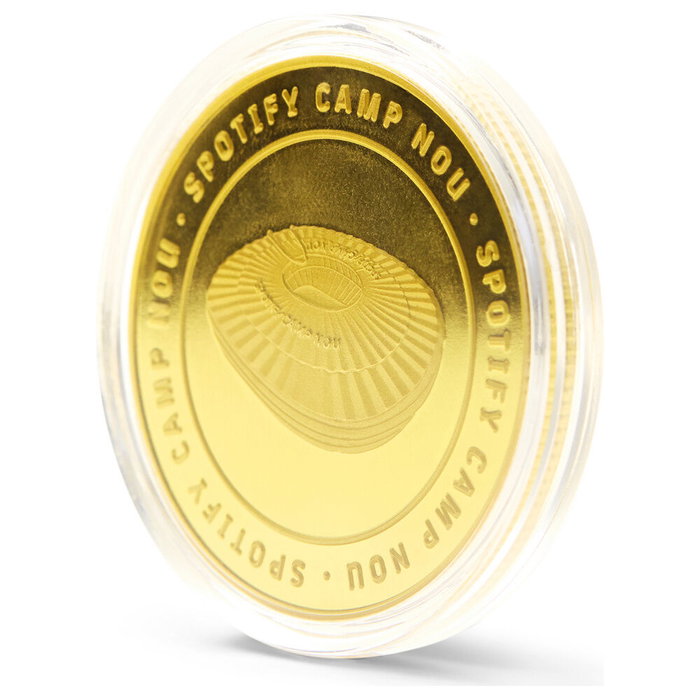 MOCILAB Moneda Conmemorativa FC Barcelona Camp Nou en Zamak Dorado con Cápsula Acrílica y Caja de Coleccionista