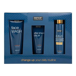 Sence Beauty Estuche Regalo Hombre - Kit Aseo con Gel Champú 2 en 1, Bálsamo Post-Afeitado y Limpiador Facial - Fragancia Naranja Dulce