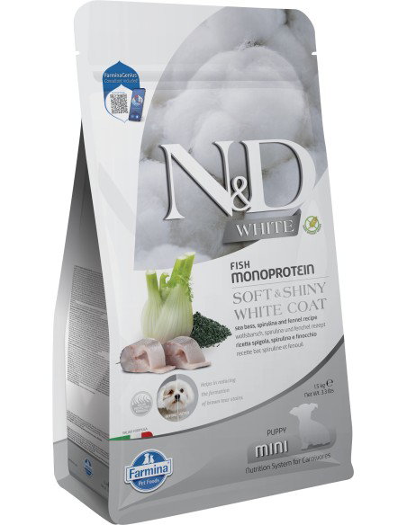 Farmina N&D White Dog Puppy Lubina, Espirulina e Hinojo Mini 1,5kg Farmina N&D White Dog Puppy Lubina, Espirulina e Hinojo Mini 1,5kg