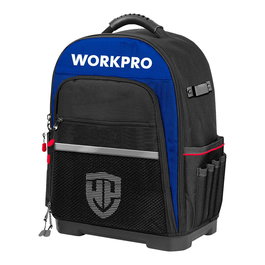 Workpro Mochila para Herramientas 25 Litros, 39 Compartimentos, Poliéster 840D Reforzado, Acolchada, 46 x 38 x36 cm, Negro/Azul