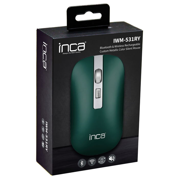 Inca Ratón IWM-531RY Inalámbrico y Bluetooth, Óptico 1600 DPI, Batería Recargable, Color Verde, Ratón Ergonómico para Oficina