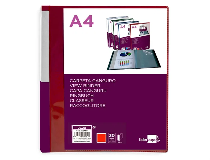 Liderpapel Carpeta de 30 fundas tipo canguro rojo translúcido DIN A4