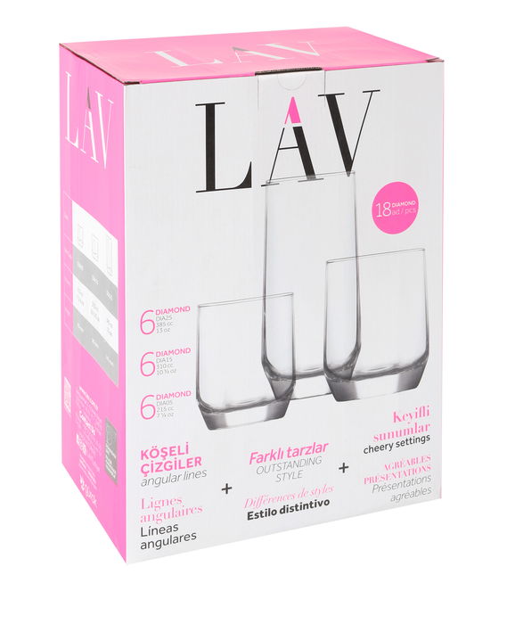 LAV Set 18 Vasos Diamond 385 cc, 310 cc, 215 cc (2 Cajas)