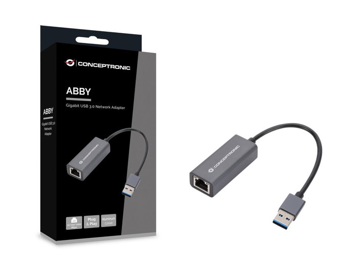 Conceptronic Adaptador USB 3.2 Gen 1 (3.1 Gen 1) a RJ45 Gigabit Ethernet 10/100/1000Mbps para PC/Portátil con Carcasa de Aluminio
